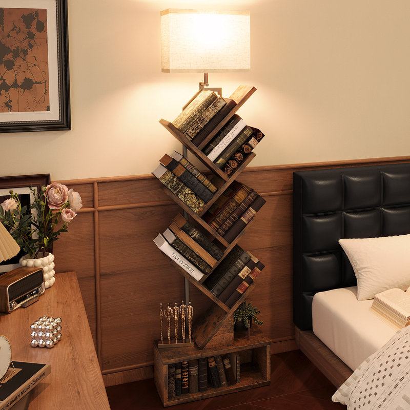  Built-in Adjustable Lamp With Tree Bookshelf, Floor Lamp With Spacious Storage Space, Utility Book Organizer Shelves With Stable Structure