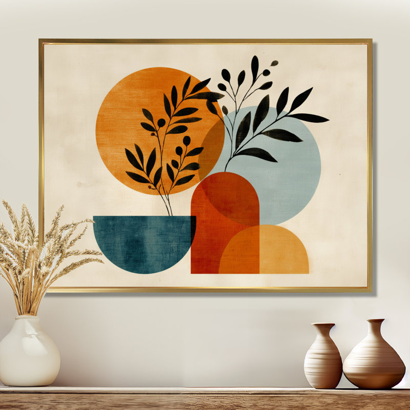 «Blue and Orange Boho Minimalist Geometric Plant - Botanicals, impressions encadrées, art mural sur toile botanique bleu