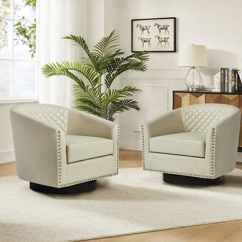 75.2Cm Wide Tufted Swivel Barrel Chair, Beige Faux Leather