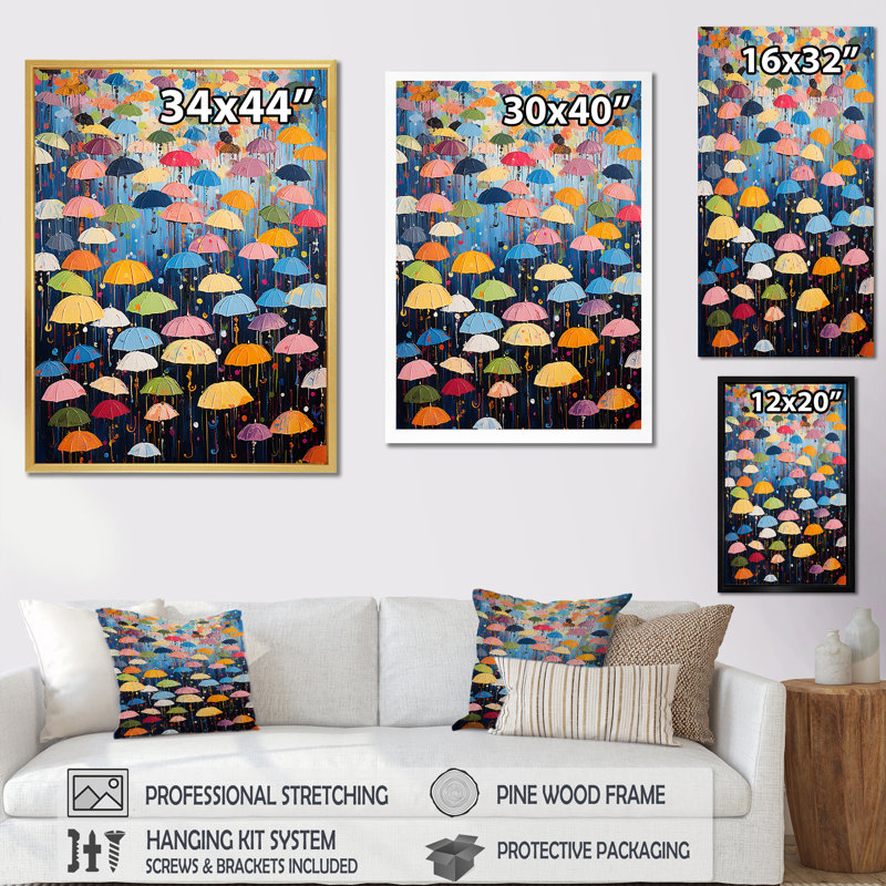«Rainbow Umbrellas Collage IV», reproduction sur toile, Cadre simple noir, H 32 po x l 16 po x P 1 po