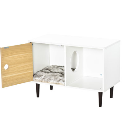 Elevated Cat With Soft Cushion And Shelf Storage, Cozy Pet House For Small Cats, Wooden Construction Large Doorway, Kittens, Shelter Storage Area