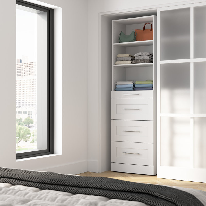 Florence Modular Reach-In Or Walk-In Closet System Tower With Shelves And 4 Drawers, Shaker Style, 80.5"H x 24.8"W x 15.4"D