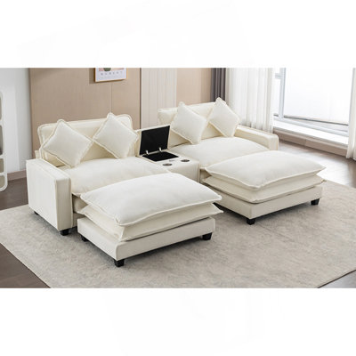 111" Sectional Sofa Chenille Upholstered Sofa With Two Removable Ottoman, Two USB Ports, Two Cup Holders And Large Storage Box