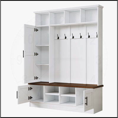 Versatile 3-in-1 Hall Tree with 6 Hooks, Farmhouse Walnut Storage Bench, and Adjustable Shelves for Modern Entryways