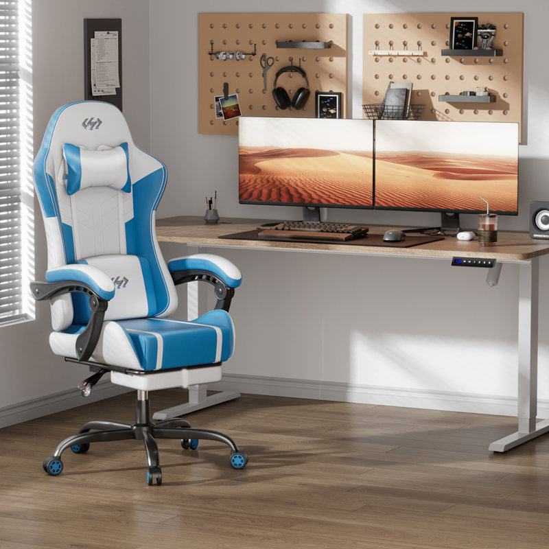 Adjustable Gaming Chair with Massage Lumbar Support, Swiveling PC & Racing Game Chair with Footrest & Headrest, Ergonomic PU Leather Computer Chair for Adults & Teens,White and Blue