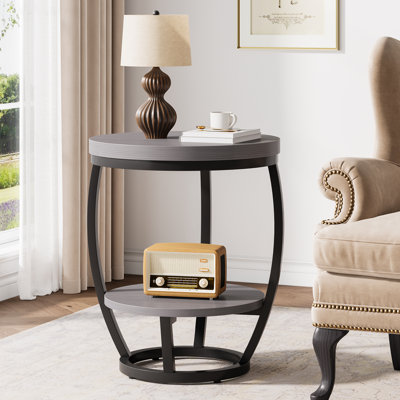 Table de bout ronde avec tablettes de rangement, table d'appoint peu encombrante pour canapé ou chevet, structure en métal avec plateau en panneau de fibres à densité moyenne, petite table d'appoint pour le salon et la chambre à coucher, brun gris et noir