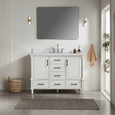 Meuble-lavabo simple autoportant, 48 po, entièrement assemblé, bois d'hévéa massif blanc, charnières à fermeture douce, 2 poignées de couleur différente, marbre d'ingénierie avec dosseret de 4 po et portes avec fermeture de 48 po