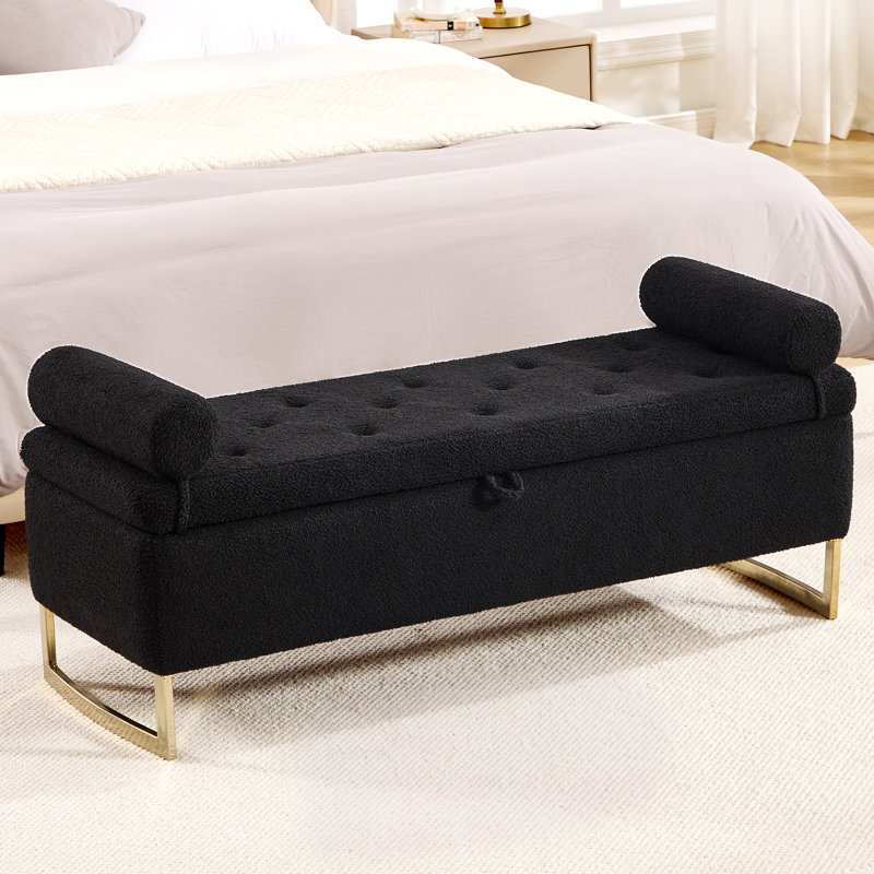 Banc de rangement en molleton Teddy avec pieds dorés, Noir