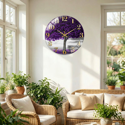 Purple Tree Modern Decorated Glass Wall Clock Home Decor Art-23.6"