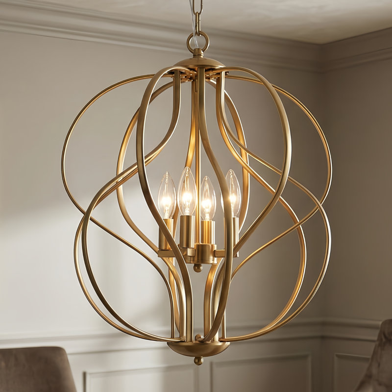 Avers 17.3" W 4-Light Wrought Iron Geometric Chandelier, Polished Brass