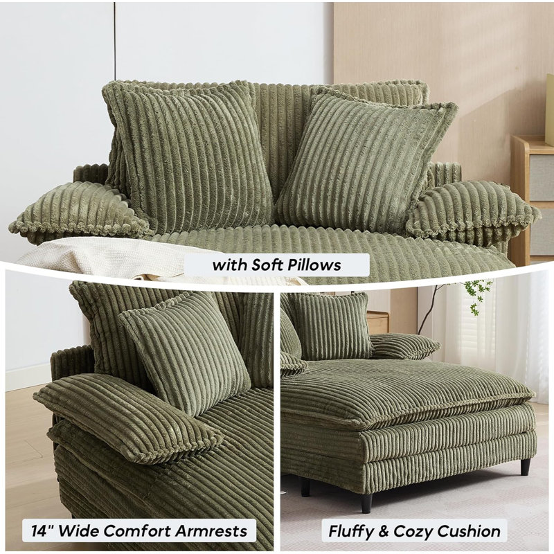 Latitude Run 55" W Oversized Corduroy Chaise Lounge Chair, Upholstered Sleeper Sofa Bed with 3 Pillows,4-Level Adjustable Backrest