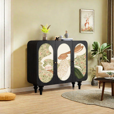 Solid wood sideboard with artistic rabbit pattern