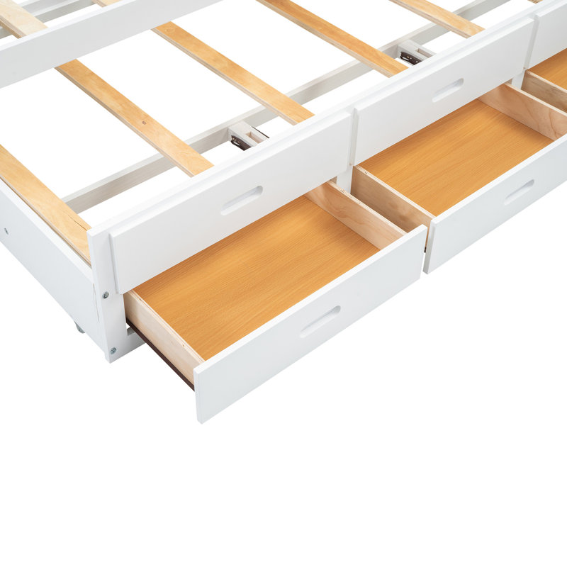 Lit plateforme double avec lit gigogne, tiroirs et prises USB, blanc, Blanc