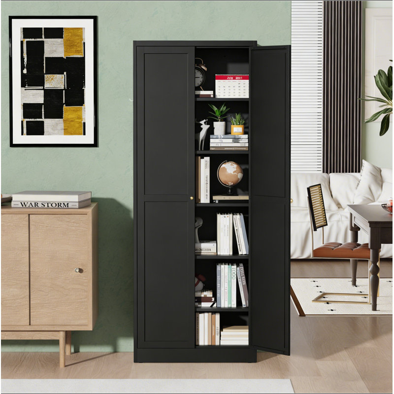 Armoire de cuisine 72 po en métal noir avec portes, organisateur de rangement autoportant robuste avec 5 tablettes réglables, assemblage sans outil pour garde-manger, cuisine, salle de bain