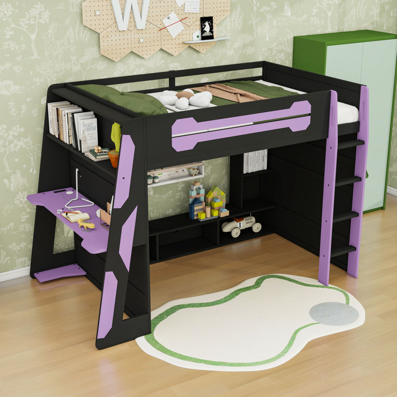 Lit mezzanine double en bois avec bureau intégré, tablettes et lumière RVB
