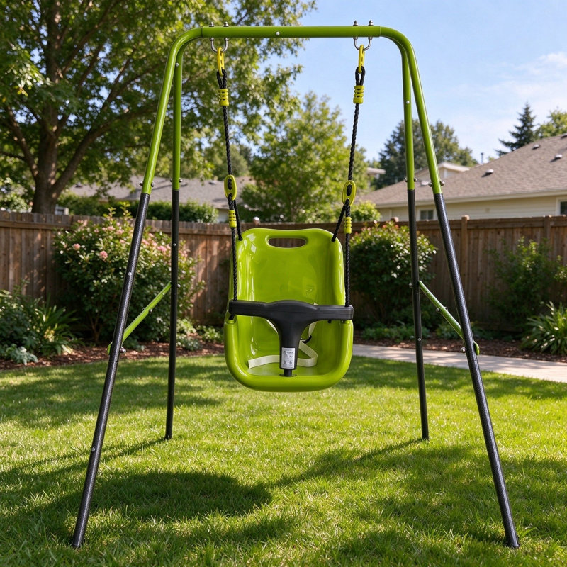 Indoor Outdoor Baby Swing with A-Frame Metal Stand, Toddler Safety Swing Seat with Harness, Compact Baby Swing Set for 6 Months to 2 Years Old