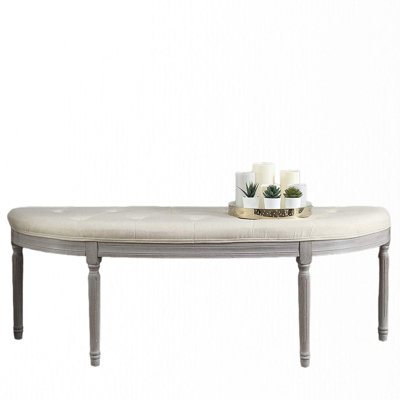Button Bench Upholstered In Beige With Coastal Allure And Weathered Gray Legs, For Primary Living Space, Staggered Spot Cleanable, American Style, 24 Lb Weight Fits Flush Wall Areas,