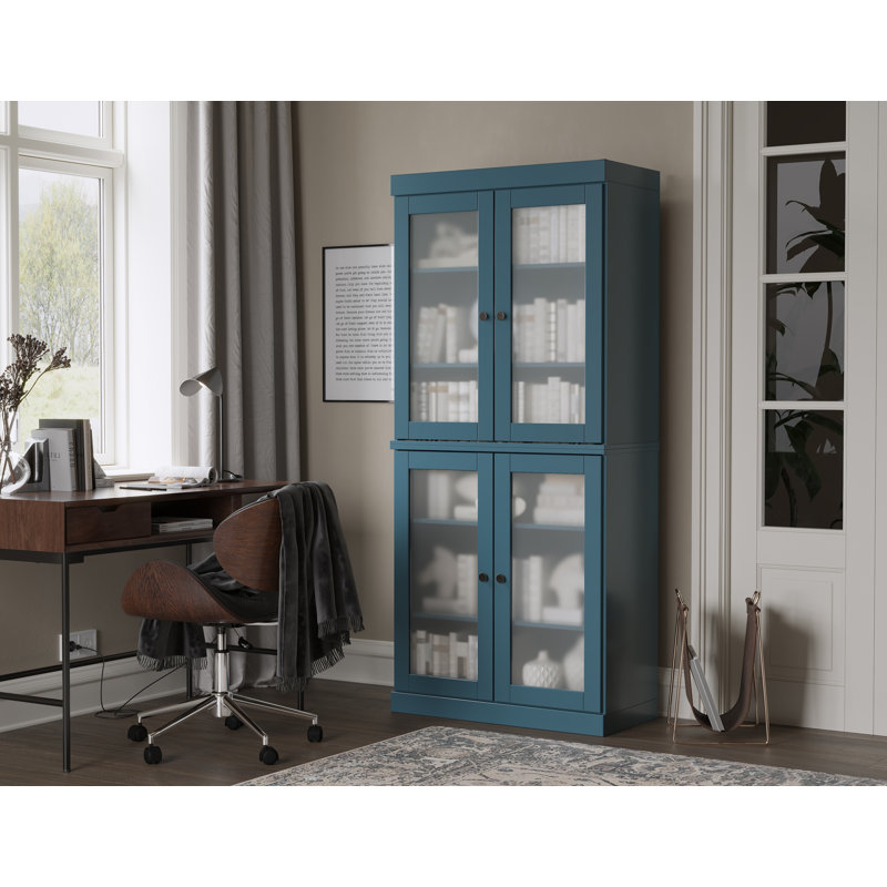 Uriyah 100% Solid Wood 6-Shelf Bookcase with Frosted Glass Doors and Adjustable Shelves, Teal Blue