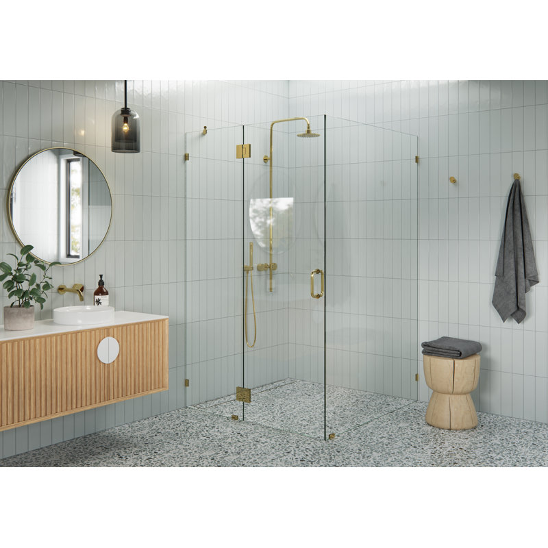 Halo 49 in. x 48 in. x 78 in. 90-degree Fully Frameless Glass Hinged Shower Enclosure, Polished Brass
