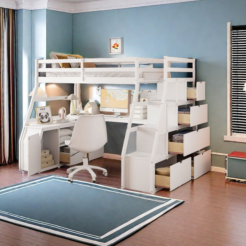 Lit mezzanine double avec 7 tiroirs, 2 tablettes et un bureau, Blanc