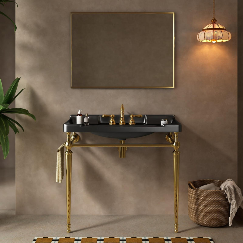 Lavabo de console de salle de bain, lavabo mural, pieds de support autoportants, sans robinet, Doré, Noir