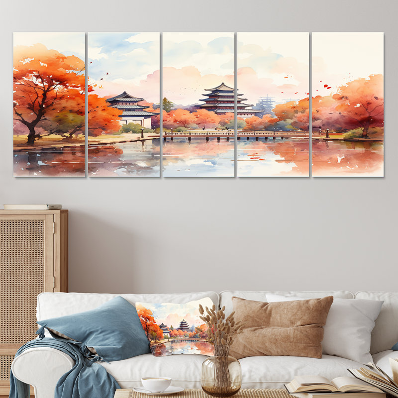 «China China Autumn Serenity - China Art», art mural 5 pièces pour le salon, H 32 po x l 80 po