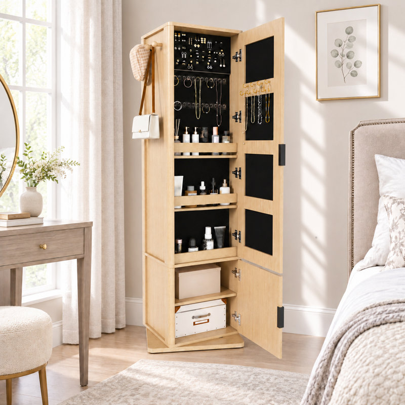 Armoire à bijoux rotative 4 en 1 avec miroir pleine grandeur pour chambre à coucher, Brun