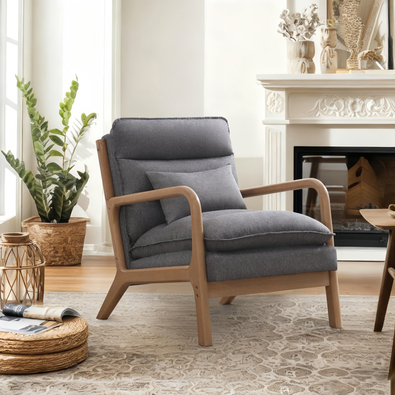 Lechia 25.79" Wide Comfort Linen Upholstered Arm Accent Chair With Lumbar Pillow, Gray Linen