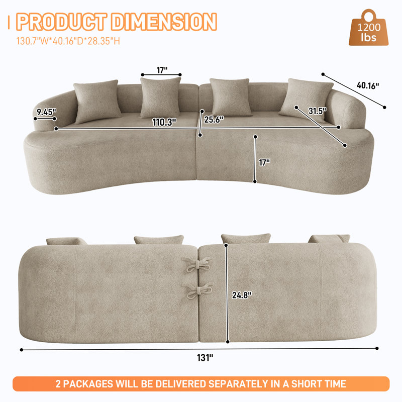 130'' Curved Sofa Compression Foam Couch, Light Brown, 24.8” H x 130.7” W x 40.16” D, 4