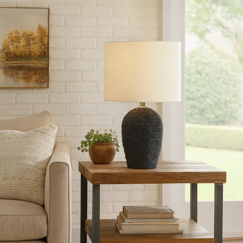Ezzy Table Lamp With Black Rope-Style Rattan Base, Ivory Linen Shade, Black