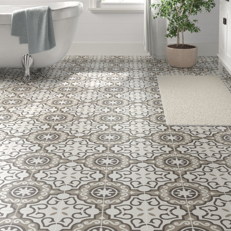 Encausto 8" x 8" Porcelain Wall & Floor Tile, White/Brown