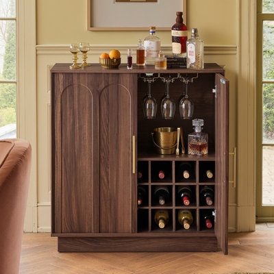 Blairs 31.5" Mid-Century Walnut Sideboard With Arched Doors, Wine Rack & Glass Holder