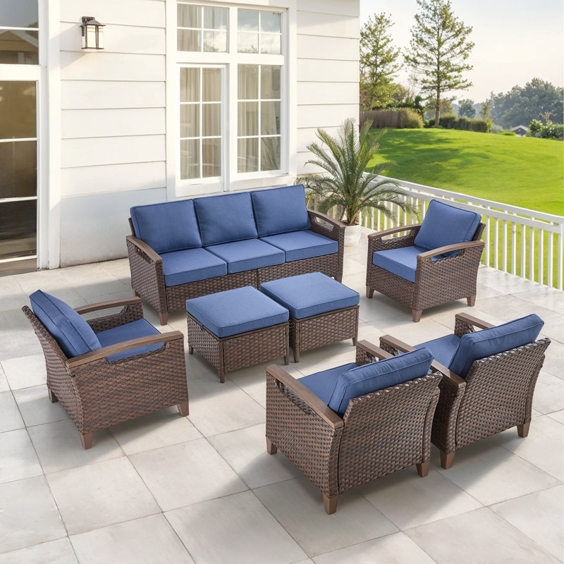 Arundel 7-9 Person Outdoor Courtyard Wicker Family Conversation Set Group With 4 Armchairs, Blue