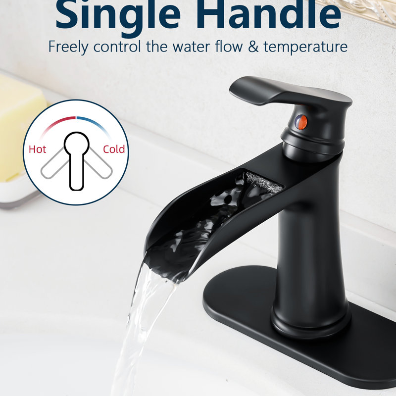 Matte Black Bathroom Sink Faucet, Waterfall With Deck Plate, Pop Up Drain, Supply Hoses, Single Handle , Geometric Appearance, Cartridge Valve Installation Contemporary Faucet Matte, Lines, One Side