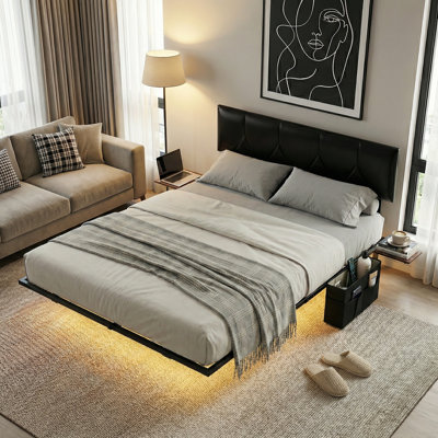Metal Floating Bed Frame with Adjustable Height Upholstered Headboard, Built-in USB Charging & LED Lighting