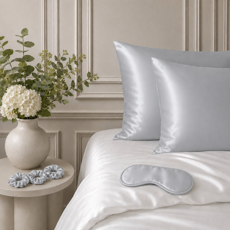 Ensemble 6 pièces de taies d'oreiller et accessoires de literie en satin de soie soyeux, Argent