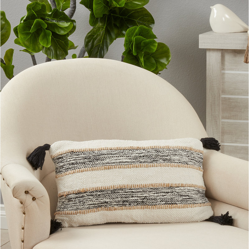 Aziza Collection Tassels Cotton Throw Pillow, Pillow Cover Only - No Insert, Black/White, 12" H x 20" W