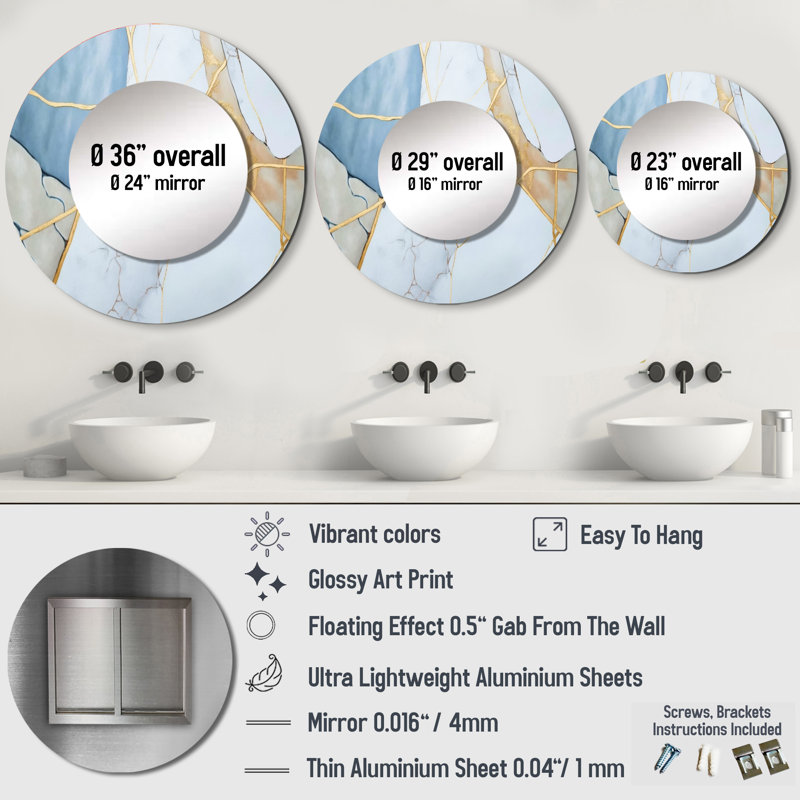 Panfilia Abstract Geode White I - Marble Decorative Mirror, White Round Wall Mirror, Printed Metal Art, 29" x 29"