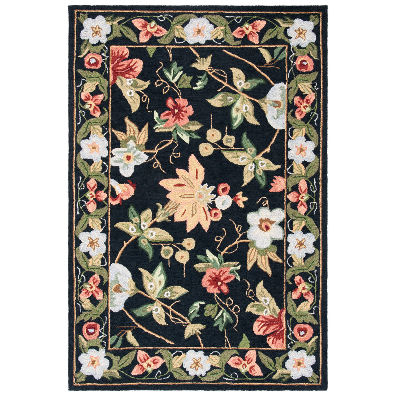Hollander Floral Handmade Looped/Hooked Wool Black Area Rug, Rectangle 3'9" x 5'9"