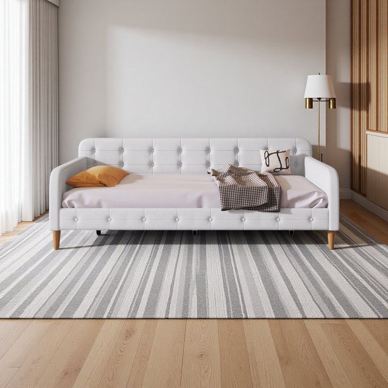 Lit de jour rembourré avec 4 pieds de soutien, Beige, Lit simple