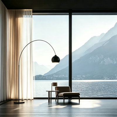Black Arched Floor Lamp, Metal Lampshade & Base