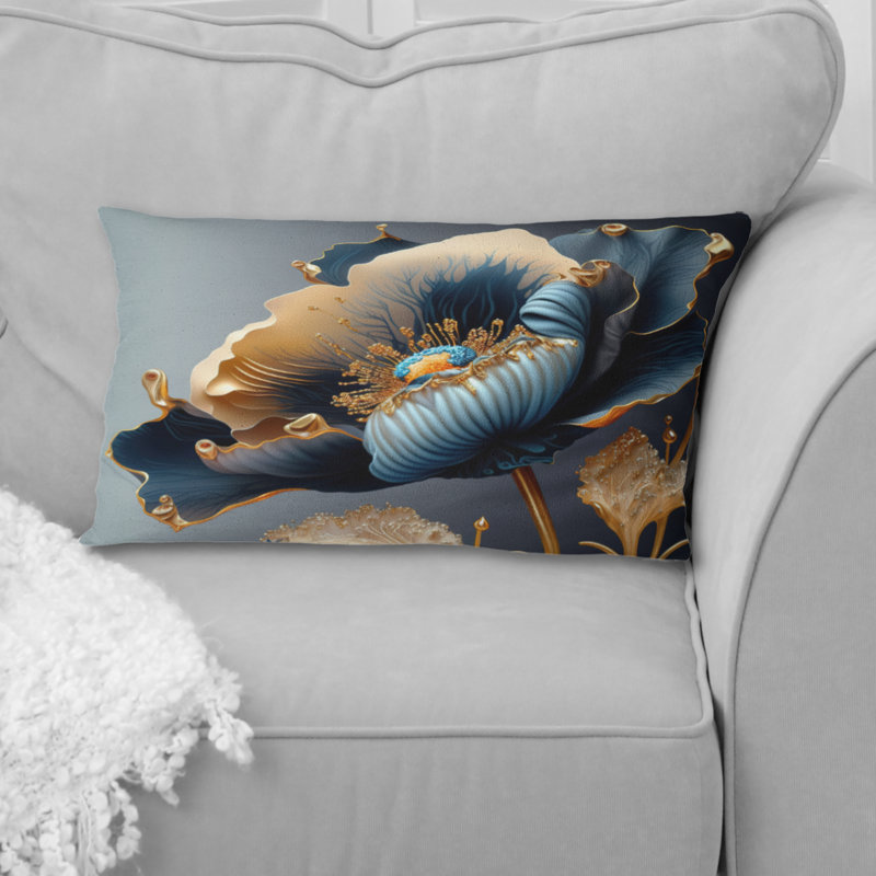 Coussin décoratif imprimé fleuri bleu foncé et doré III, H 12 po x l 20 po