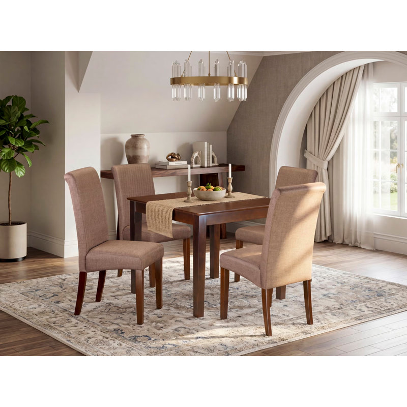 Ensemble de table de salle à manger 5 pièces comprenant une table carrée en bois et 4 chaises Parson rembourrées en tissu brun, acajou