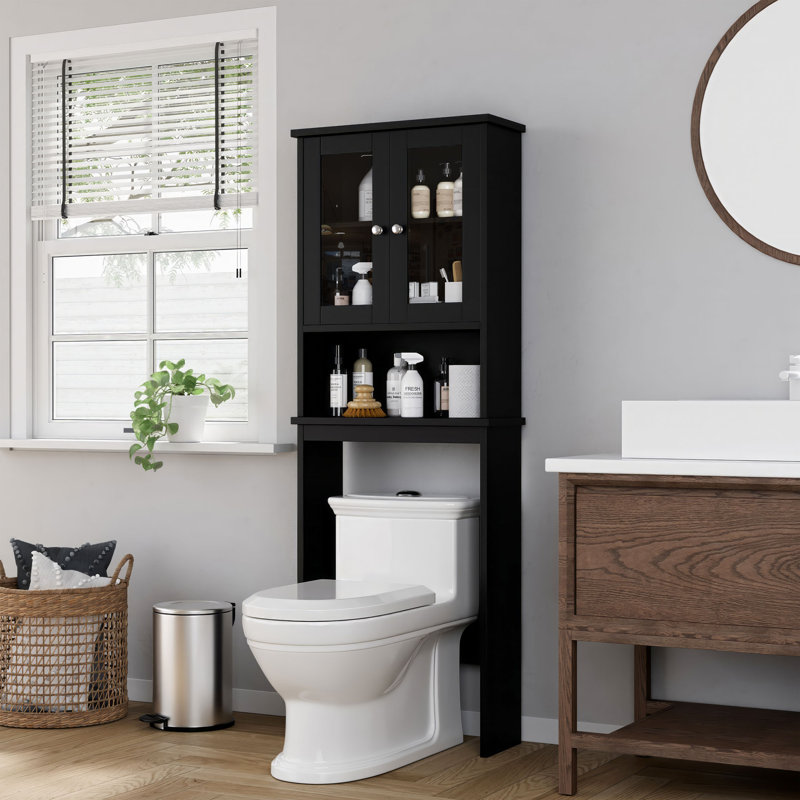 Over The Toilet Storage Cabinet For Bathroom, Storage Organizer Over Toilet, Space Saver With Tempered Glass Doors,, Black