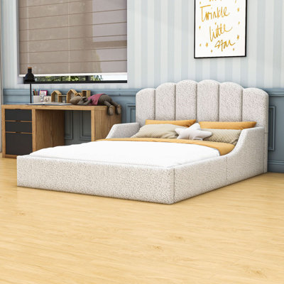 Low-Profile Upholstered Floor Bed with Scalloped Headboard and Padded Safety Sides