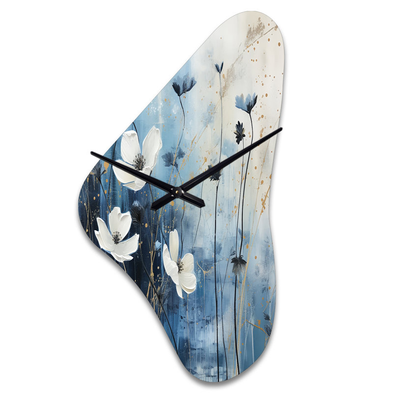 Horloge murale asymétrique en métal blanc et bleu avec champs de fleurs sauvages, Grand