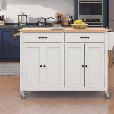 Chariot pour îlot de cuisine avec plateau en bois massif et roues verrouillables, largeur de 54,3 pouces, armoire à 4 portes et deux tiroirs, support à épices, porte-serviettes (blanc)
