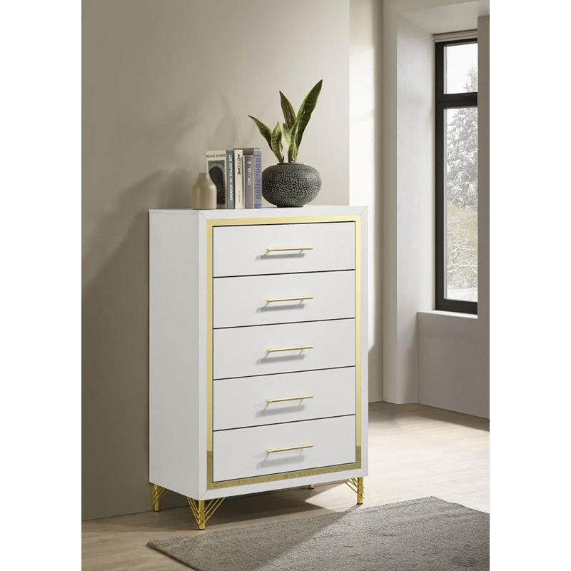 Commode 5 tiroirs Leibowitz, Blanc / Doré