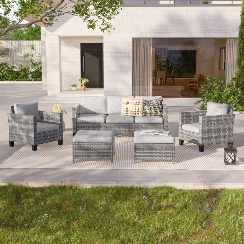 Ensemble de conversation de patio en osier de rotin 5 pièces avec coussins et repose-pieds Konami, ensemble de meubles d'extérieur toutes saisons pour terrasse