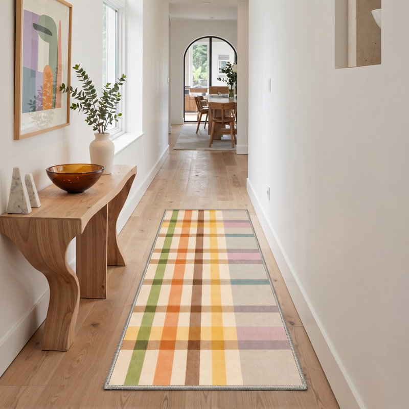 Tapis de couloir écossais ivoire / orange lavable en machine avec envers antidérapant, Tapis de couloir 84 po x 24 po